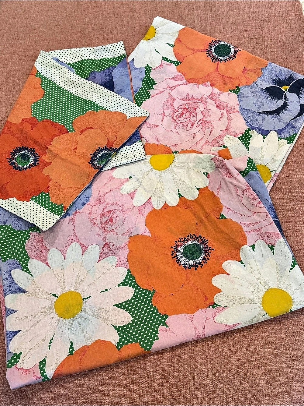Vintage 70s percale Floral double bed set: pillowcase, fitted / flat sheet set